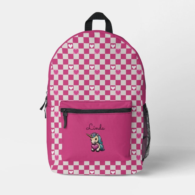 Checkered Hearts and Unicorn Printed Backpack (Front)