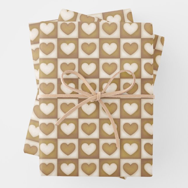 Checkered Hearts in Blond Cream Wrapping Paper Sheets (In situ)
