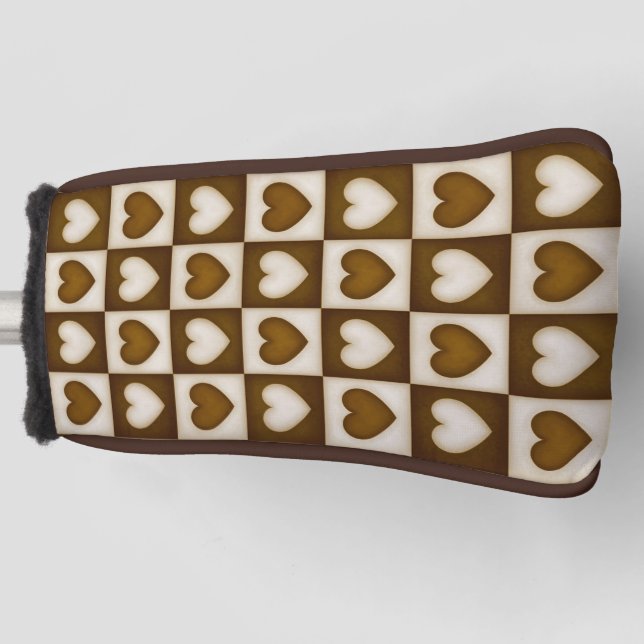Checkered Hearts in Warm Cocoa Golf Head Cover (Front)