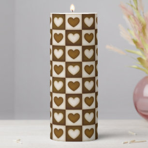 Checkered Hearts in Warm Cocoa Large Pillar Candle