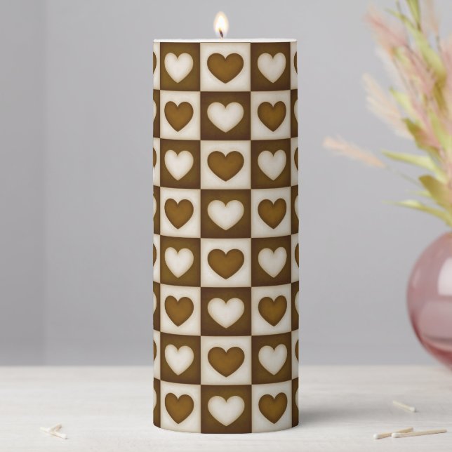 Checkered Hearts in Warm Cocoa Large Pillar Candle (In Situ)