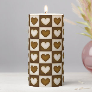 Checkered Hearts in Warm Cocoa Medium Pillar Candle