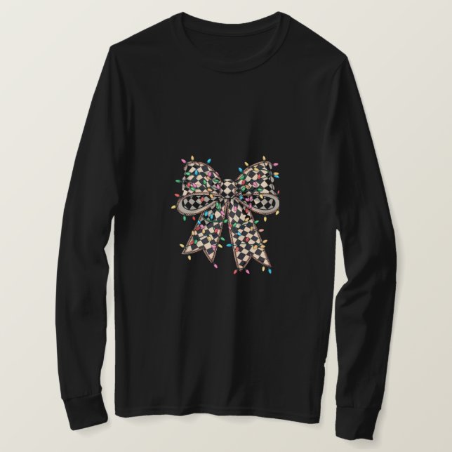 Checkered Holiday Bow with Christmas Lights T-Shirt (Design Front)