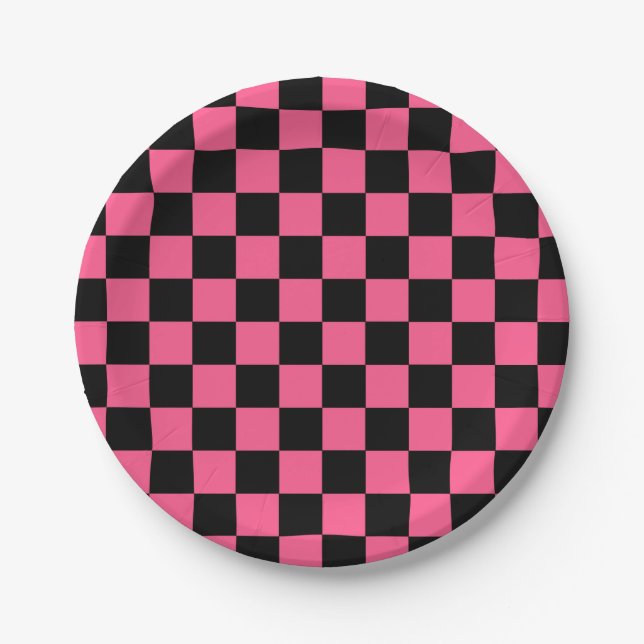 Checkered Hot Pink and Black Paper Plates (Front)