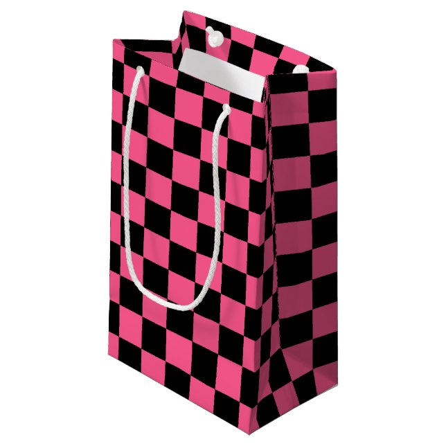 Checkered Hot Pink and Black Small Gift Bag (Front Angled)