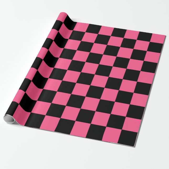 Checkered Hot Pink and Black Wrapping Paper (Unrolled)