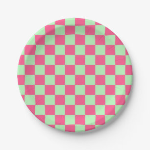 Checkered Hot Pink and Soft Green Paper Plates