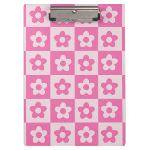 Checkered Hot Pink and White Retro Flowers Pattern Clipboard