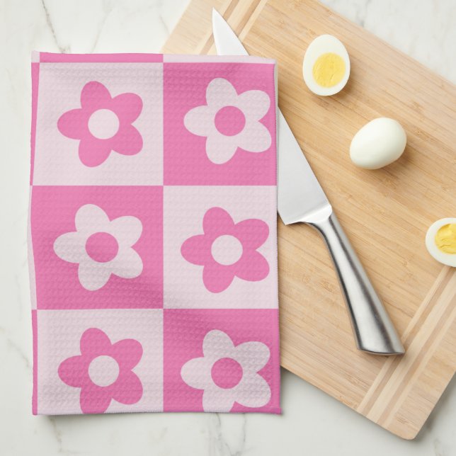 Checkered Hot Pink and White Retro Flowers Pattern Kitchen Towel (Quarter Fold)
