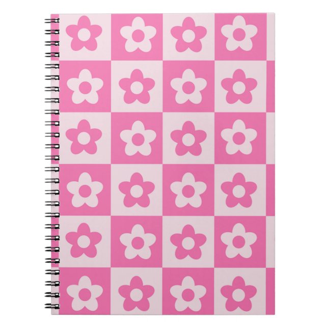 Checkered Hot Pink and White Retro Flowers Pattern Notebook (Front)
