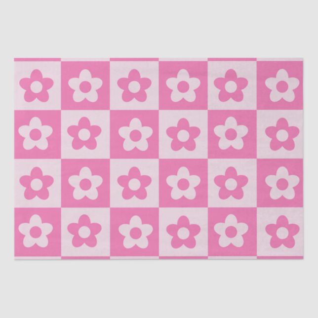 Checkered Hot Pink and White Retro Flowers Pattern Tissue Paper (Front)