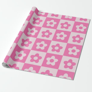 Checkered Hot Pink and White Retro Flowers Pattern Wrapping Paper