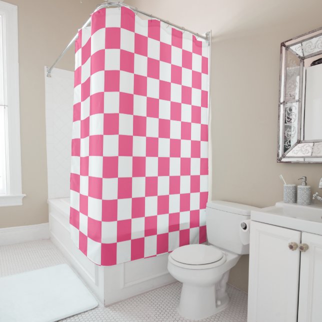 Checkered Hot Pink and White Shower Curtain (In Situ)