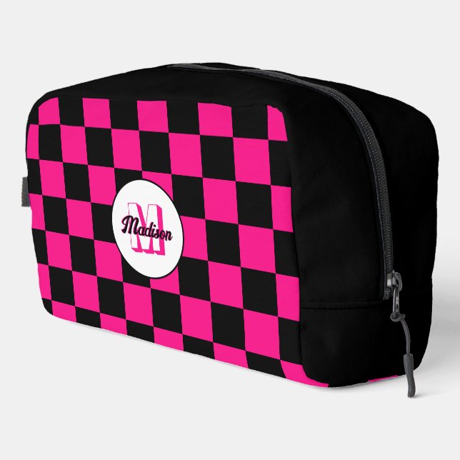 Checkered Hot pink Black geometric retro Monogram Dopp Kit (Right Corner)