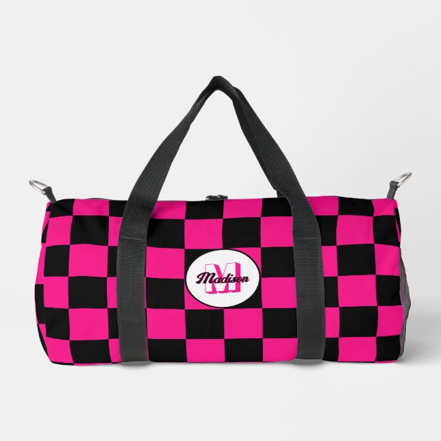 Checkered Hot pink Black geometric retro Monogram Duffle Bag (Front)