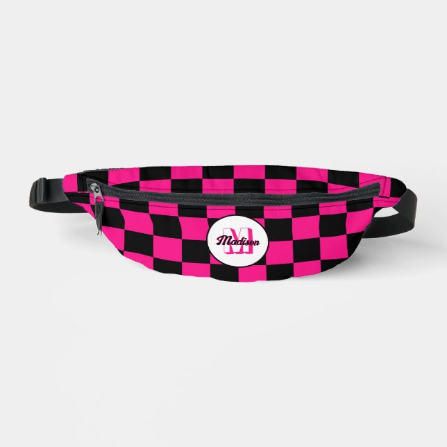 Checkered Hot pink black geometric retro Monogram Fanny Pack (Front)