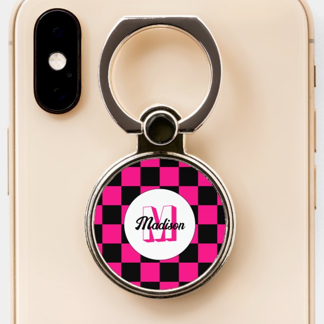Checkered hot pink black geometric retro Monogram Phone Ring Stand (Close Up)