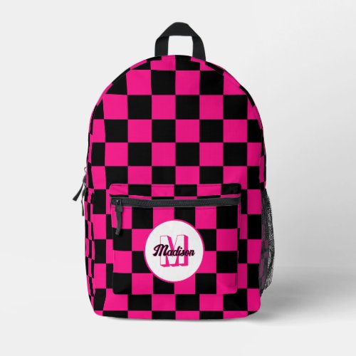 Checkered hot pink black geometric retro Monogram Printed Backpack