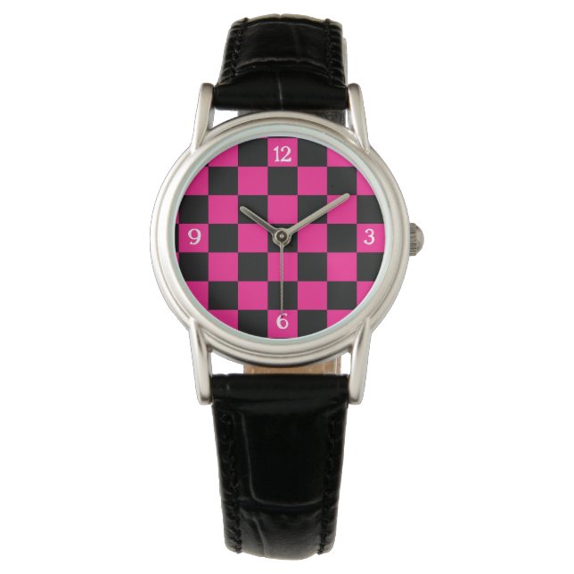 Checkered hot pink black geometric retro w numbers watch (Front)