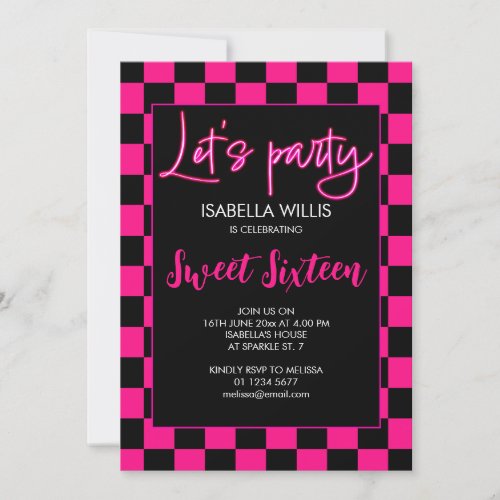 Checkered hot pink black retro Lets party Sweet 16 Invitation