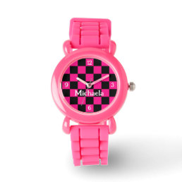Checkered hot pink black retro w numbers Your name Watch