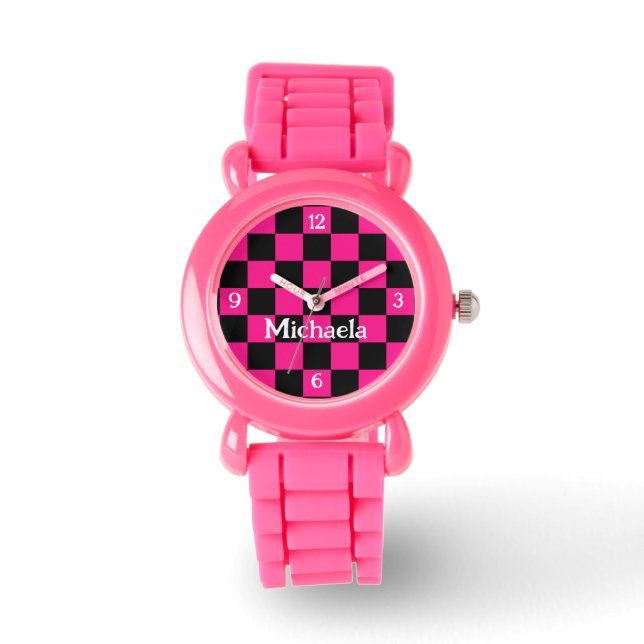 Checkered hot pink black retro w numbers Your name Watch (Front)