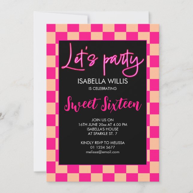 Checkered hot pink peach retro Lets party Sweet 16 Invitation (Front)