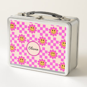 Checkered Hot Pink Smiling Flowers Custom Name Metal Lunch Box