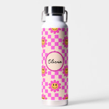 Checkered Hot Pink Smiling Flowers Custom Name
