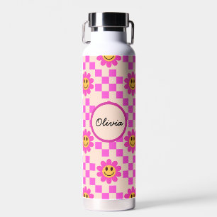Checkered Hot Pink Smiling Flowers Custom Name Water Bottle