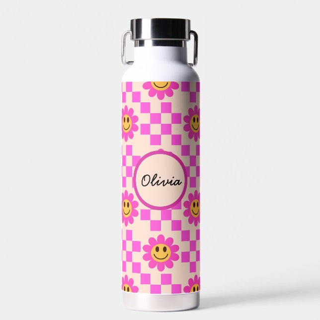 Checkered Hot Pink Smiling Flowers Custom Name   Water Bottle (Front)