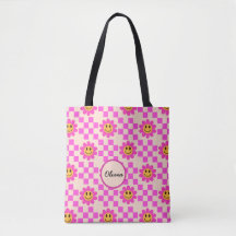 Checkered Hot Pink Smiling Flowers Girls Name