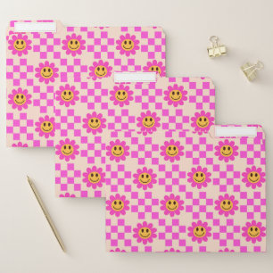 Checkered Hot Pink Smiling Flowers Pattern File Folder