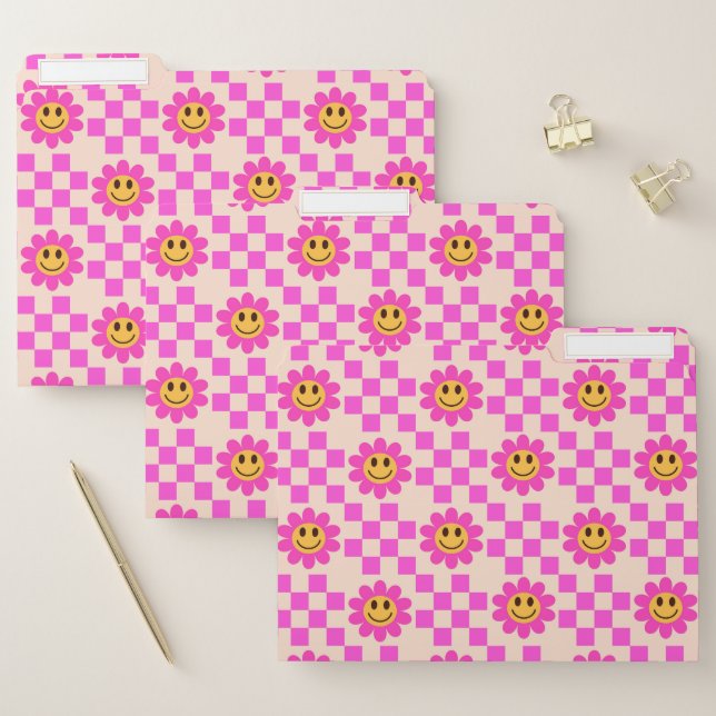 Checkered Hot Pink Smiling Flowers Pattern  File Folder (Set)