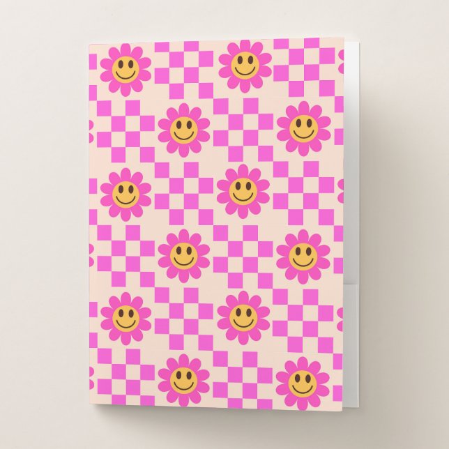 Checkered Hot Pink Smiling Flowers Pattern  Pocket Folder (Front)