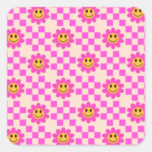 Checkered Hot Pink Smiling Flowers Pattern 