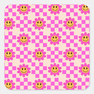 Checkered Hot Pink Smiling Flowers Pattern Square Sticker