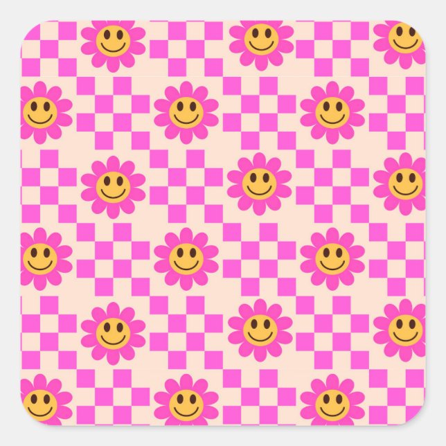 Checkered Hot Pink Smiling Flowers Pattern  Square Sticker (Front)
