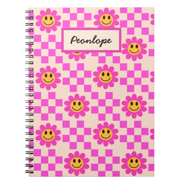 Checkered Hot Pink Smiling Flowers Personalized  Notebook (Front)