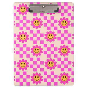 Checkered Hot Pink Smiling Flowers with Squares  Clipboard