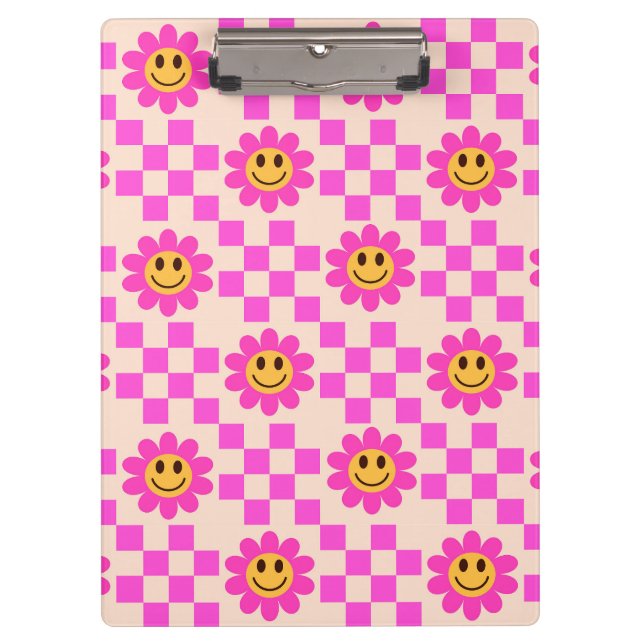 Checkered Hot Pink Smiling Flowers with Squares  Clipboard (Front)