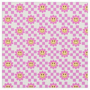 Checkered Hot Pink Smiling Flowers with squares Fabric
