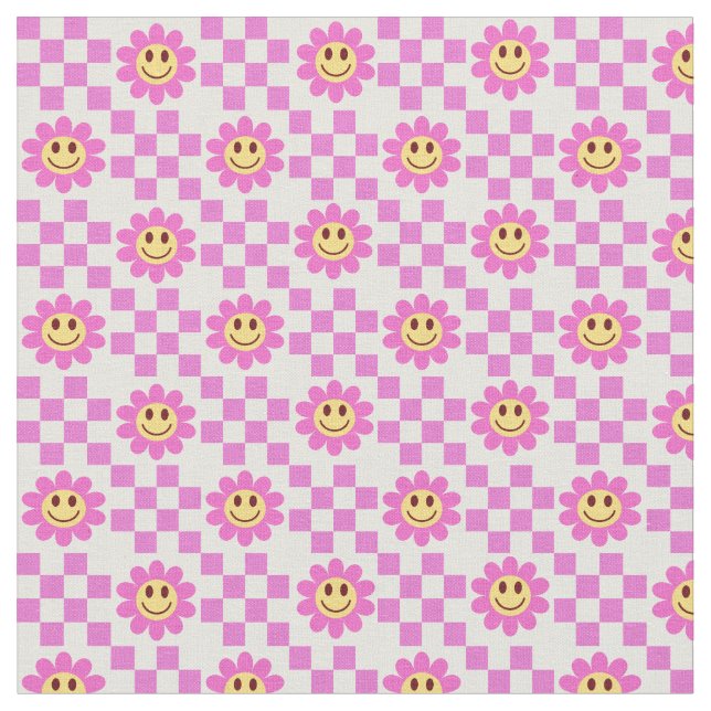 Checkered Hot Pink Smiling Flowers with squares Fabric (Close Up)
