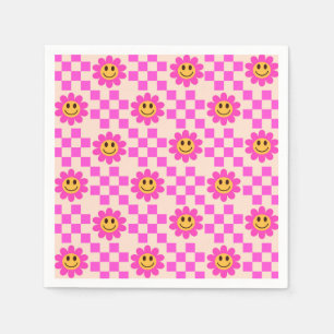 Checkered Hot Pink Smiling Flowers with squares Napkins
