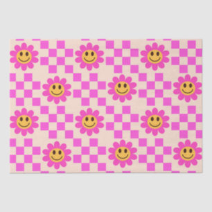 Checkered Hot Pink Smiling Flowers with squares  Tissue Paper