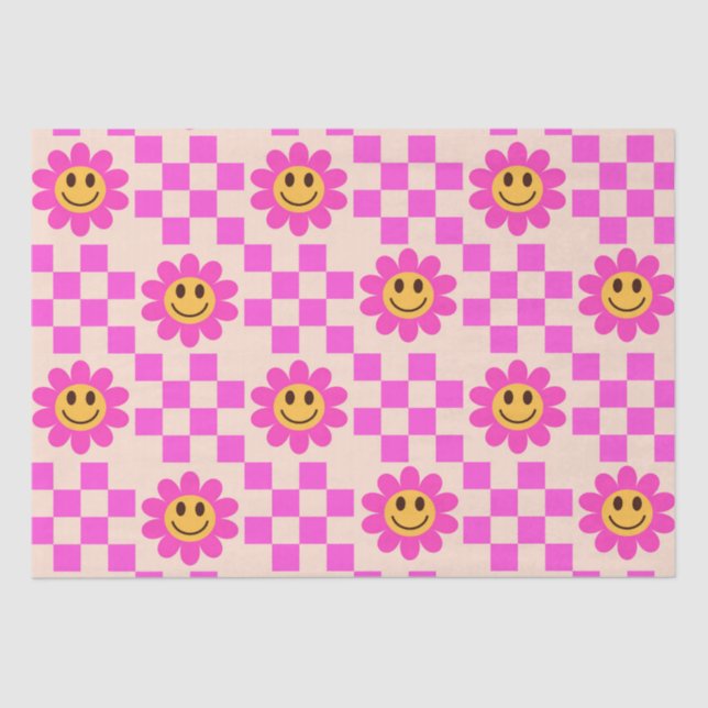 Checkered Hot Pink Smiling Flowers with squares  Tissue Paper (Front)