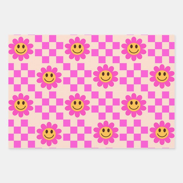 Checkered Hot Pink Smiling Flowers with squares  Wrapping Paper Sheets (Front)