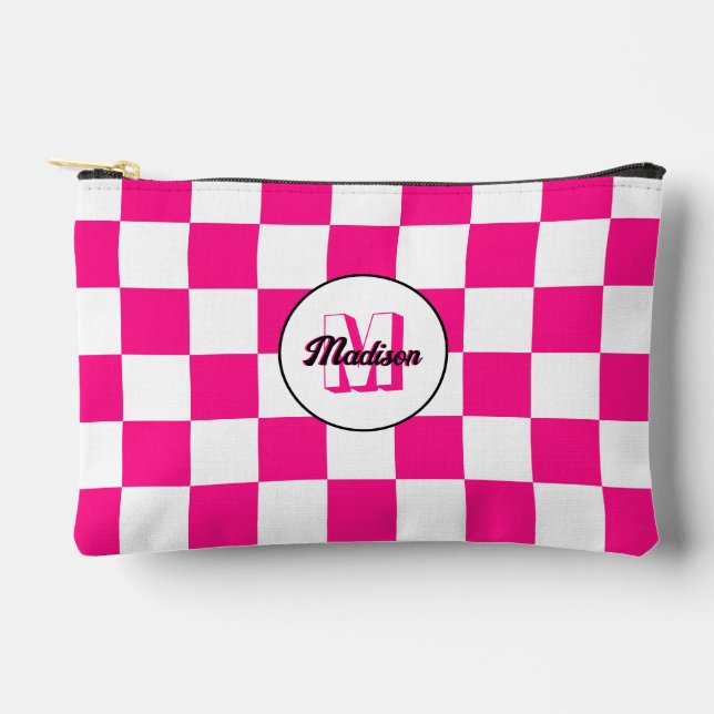 Checkered Hot pink white geometric retro Monogram Accessory Pouch (Front)