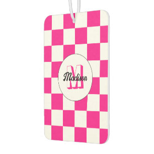 Checkered Hot pink white geometric retro Monogram Air Freshener