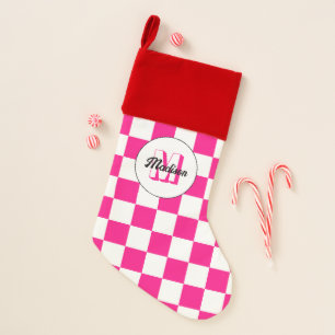 Checkered Hot pink white geometric retro Monogram Christmas Stocking